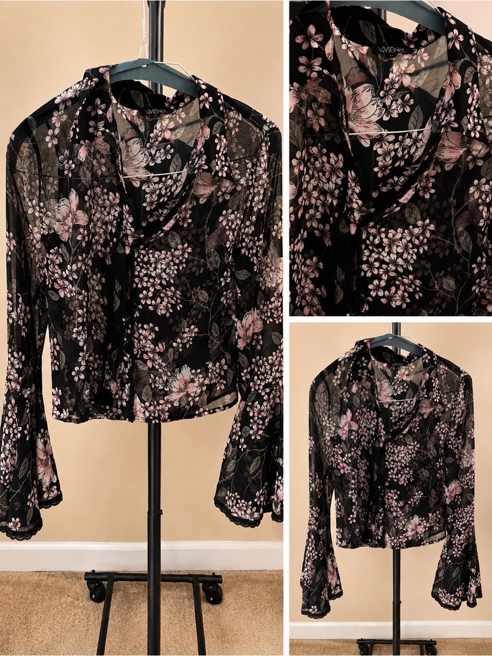 S. the Widow Black Sheer Blouse with Pink Floral Print Romantic Boho Style